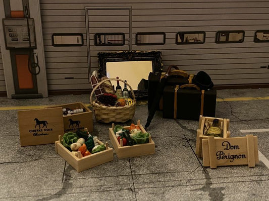 Gemüsekisten Champagner Wein Spiegel Koffer Schirm Hut Präsentkorb Diorama 1:12