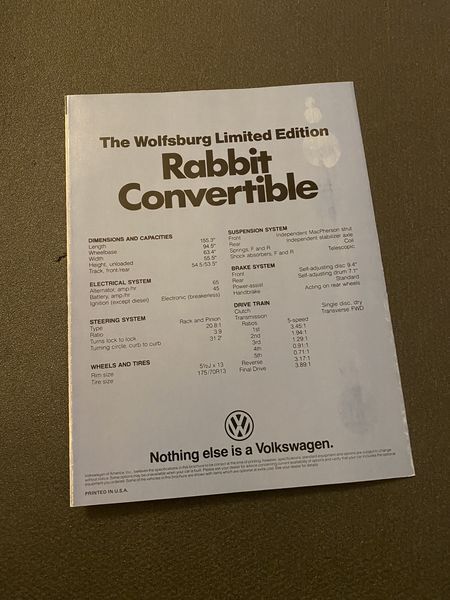 VW Golf 1 Cabriolet Cabrio Typ 155 Prospekt US Rabbit Convertible Wolfsburg Edt.