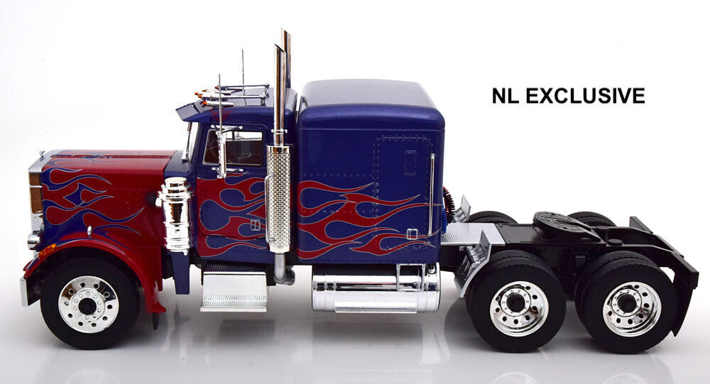 Peterbilt 359 Truck Road Kings RK180083 Transformers Blue & Red Flames Neu 1:18